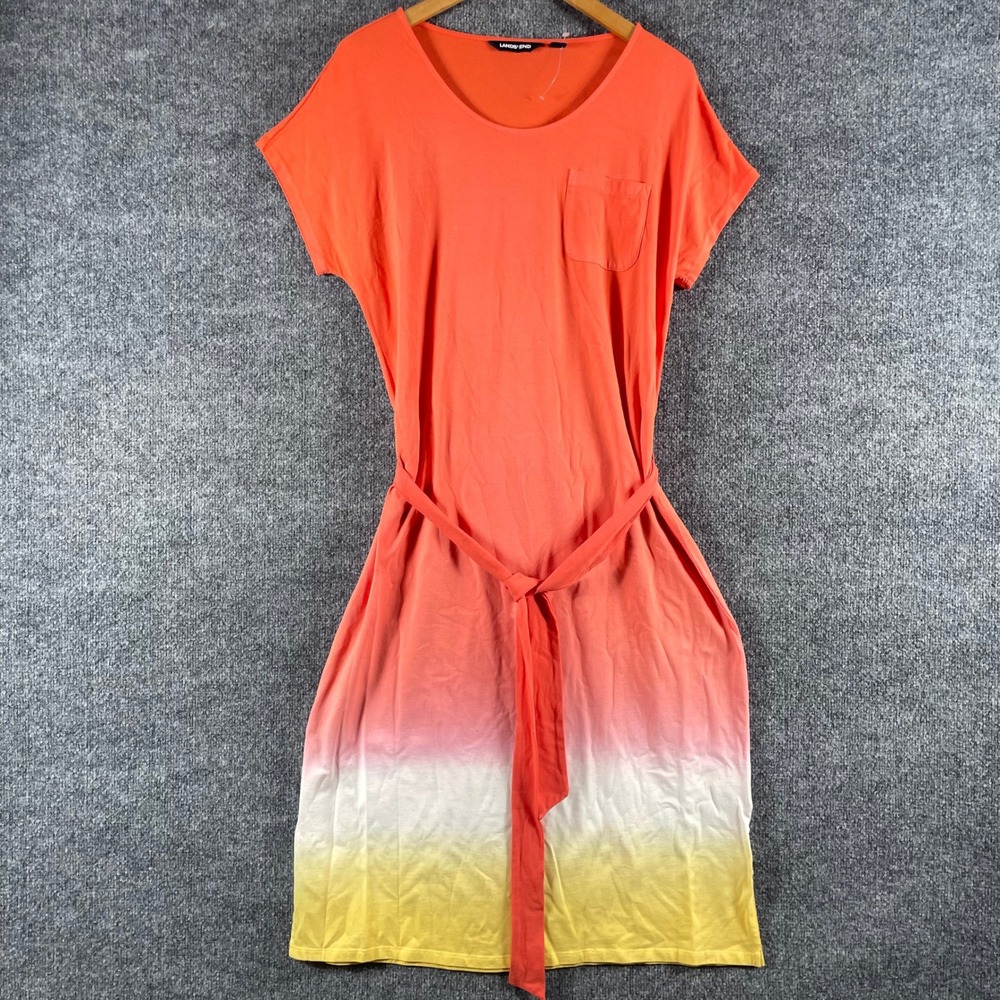 Lands End Dress Womens M Orange Ombre Short Sleeve Belted Pocket Beach Tie Dye